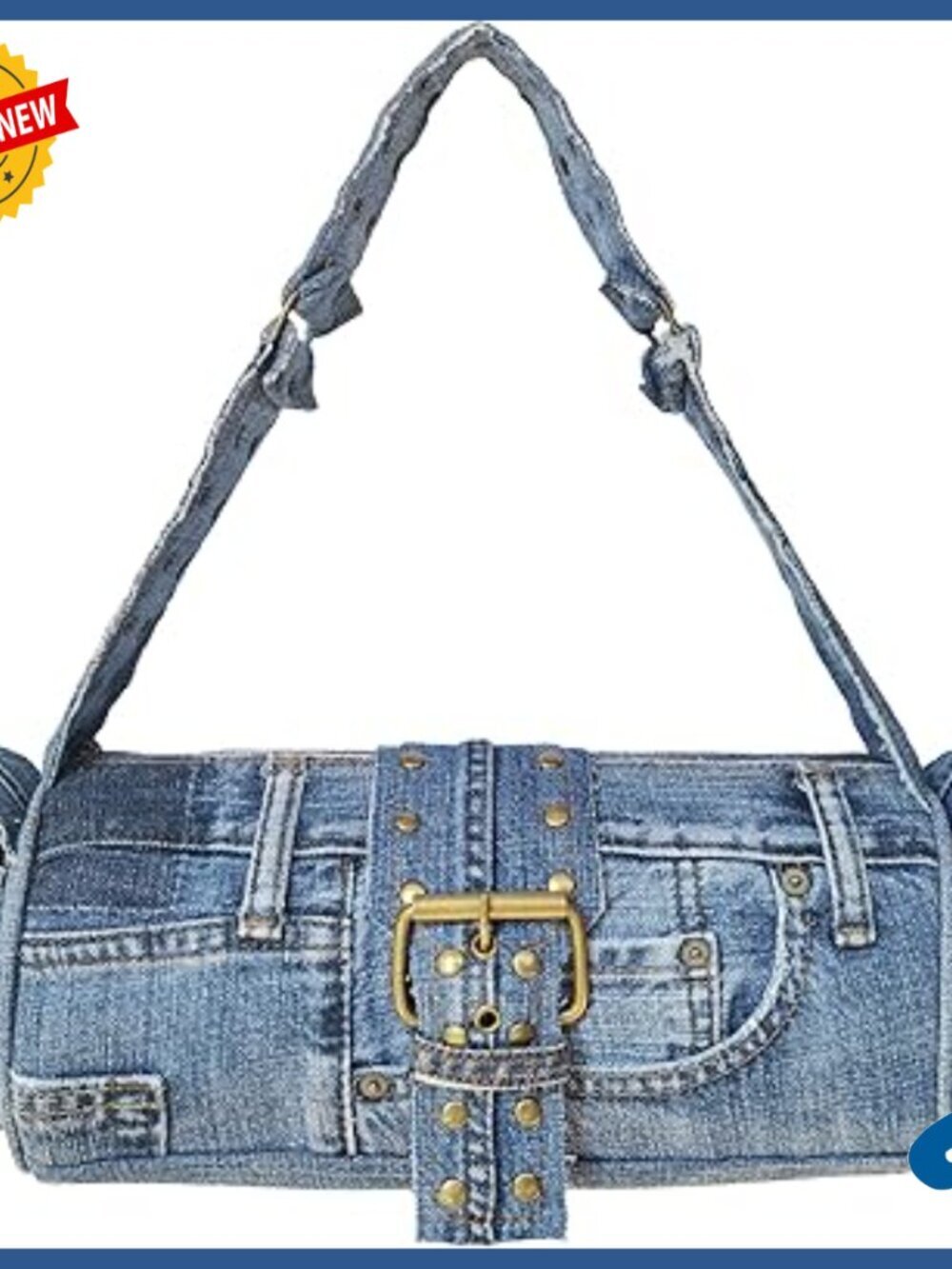 Denim Barrel Shoulder Bag with Studded Belt Detail, 12" Length